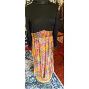 Vintage 60s 70s Black Bright Orange Pink Psychedelic Hippie Maxi Dress Med Large